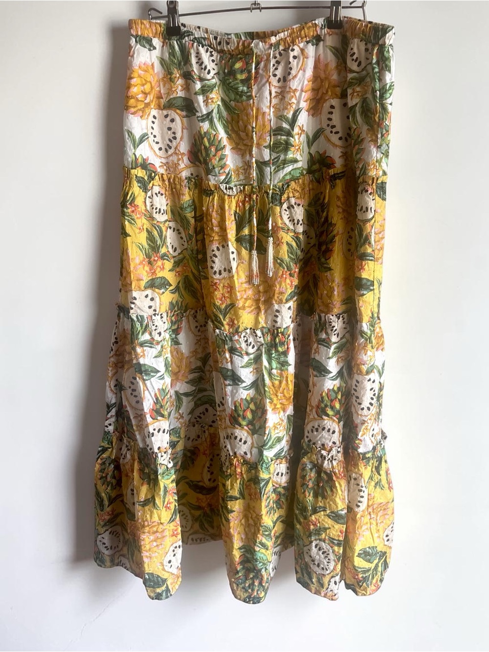 Farm Rio Womens Biriba Tropical Fruit Tiered Maxi Skirt XL Biriba Mix Boho Beach